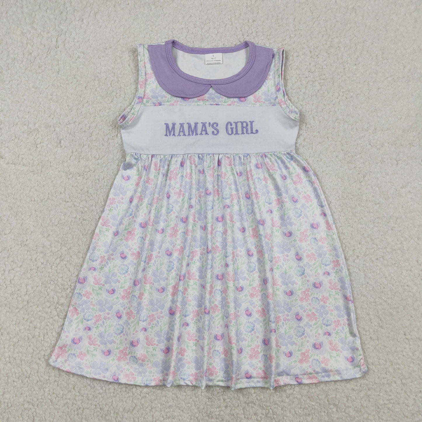 Baby Kids Sleeveless Embroidery Mama's Girl Flower Purple Knee Length Dress