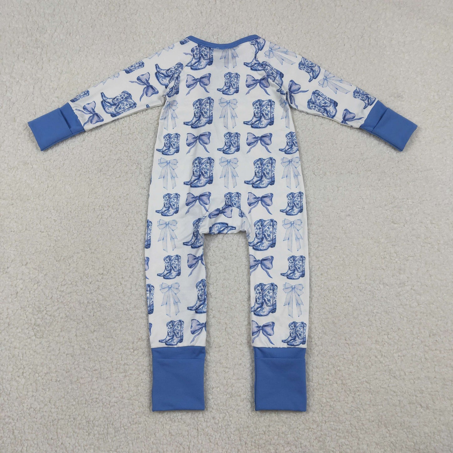 Baby Girl Long Sleeves Blue Bows Boots Western Zipper Pajamas Romper