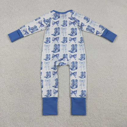 Baby Girl Long Sleeves Blue Bows Boots Western Zipper Pajamas Romper