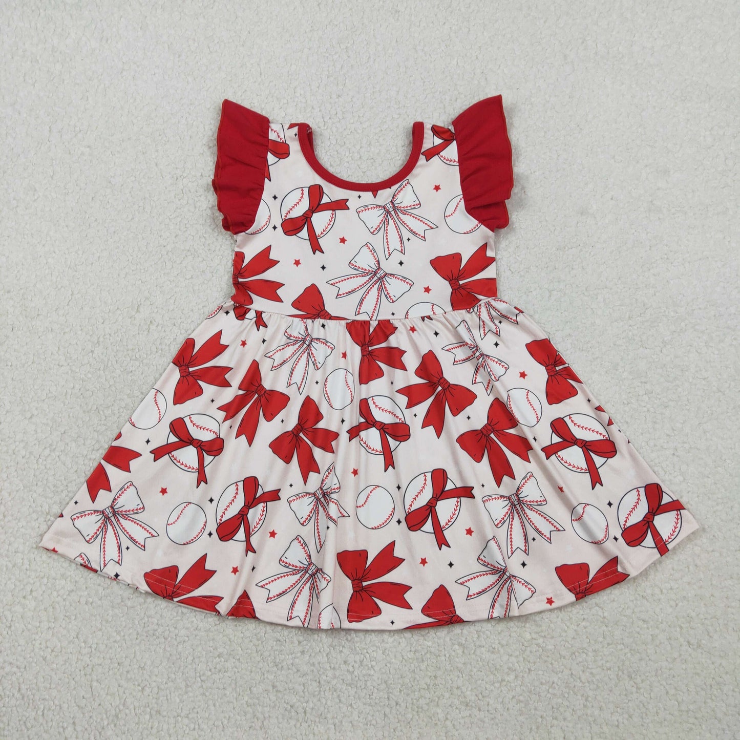 RTS Baby Girls Kids Short Sleeves Baseball Red Bows Knee Length Dress