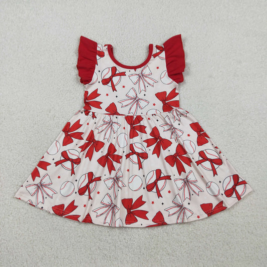 RTS Baby Girls Kids Short Sleeves Baseball Red Bows Knee Length Dress