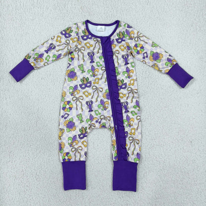 Baby Girls Kids Long Sleeves Crawfish Bows Mardi Gras Zipper Footie Sleeper Romper Clothes RTS