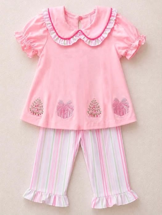 Moq 5 Preorder Baby Girls Kids Short Sleeves Christmas Tree Tunic Stripes Pants Pink Set Clothes