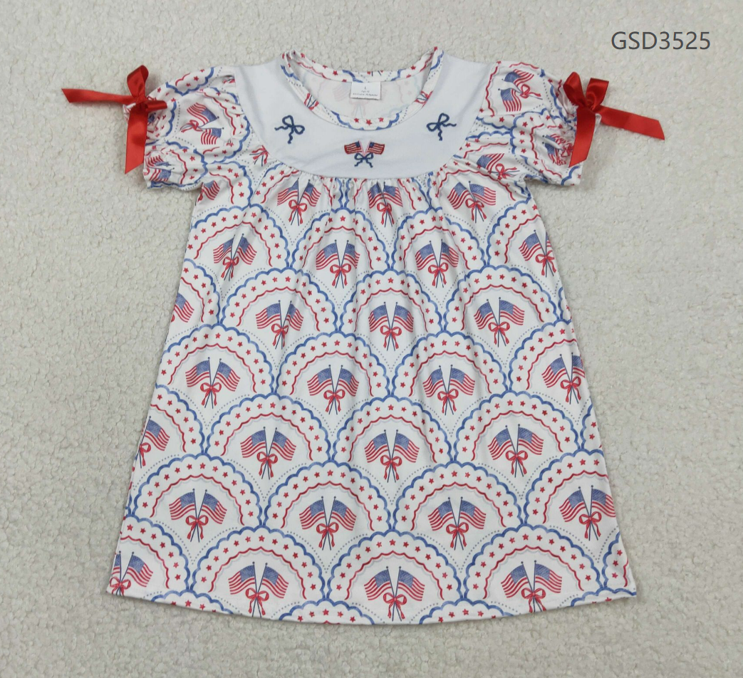 RTS Sibling Baby Girls Kids Short Sleeves Embroidery Flags Bows Stars 4th of July Romper Dress