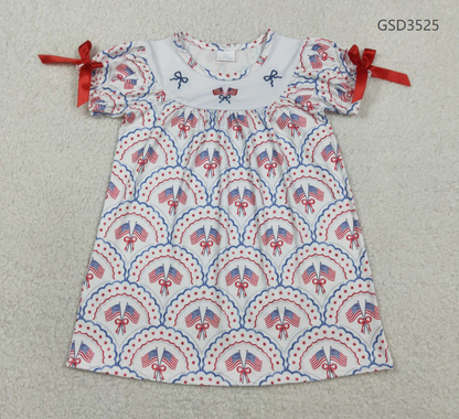 RTS Sibling Baby Girls Kids Short Sleeves Embroidery Flags Bows Stars 4th of July Romper Dress