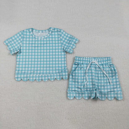 RTS Sibling Baby Girls Kids Short Sleeves Plaid Tops Scallop Shorts Outfits Summer Clothes