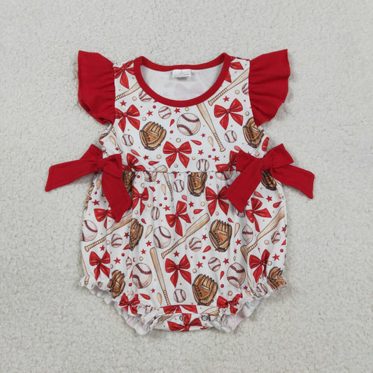 RTS Baby Girl Infant Short Sleeves Baseball Red Bows Summer Bubble Romper