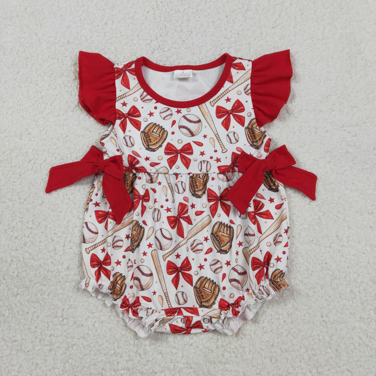 RTS Sibling Baby Girl Infant Short Sleeves Baseball Red Bows Summer Bubble Romper Set