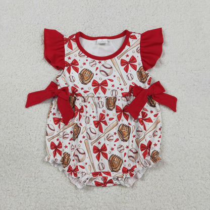 RTS Sibling Baby Girl Infant Short Sleeves Baseball Red Bows Summer Bubble Romper Set
