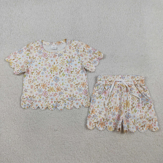 RTS Baby Girls Toddler Short Sleeves Flower Shirt Scallop Shorts Yellow Set
