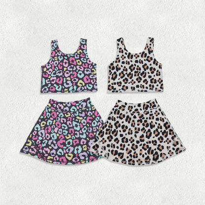 RTS Sibling Baby Girls Kids Sleeveless Leopard Tops Skorts Shorts Yoga Active Sibling Sets
