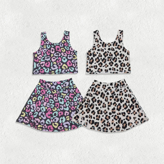 RTS Sibling Baby Girls Kids Sleeveless Leopard Tops Skorts Shorts Yoga Active Sibling Sets