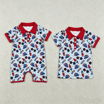 Sibling Baby Boys Kids Popsicle Hats 4th of July Buttons Shirt Romper Blue Clothes