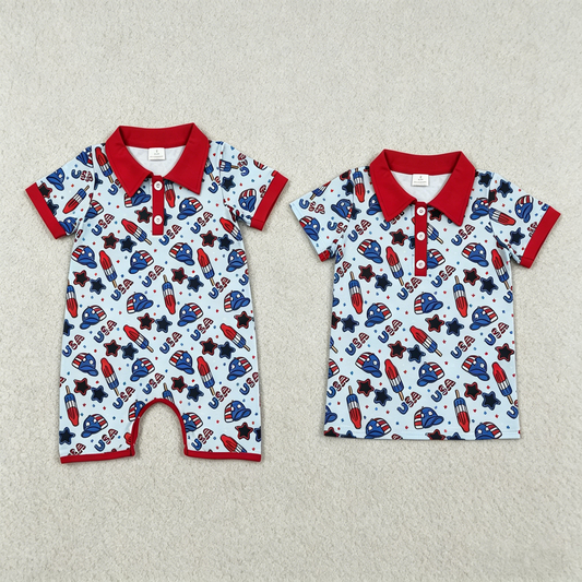 Sibling Baby Boys Kids Popsicle Hats 4th of July Buttons Shirt Romper Blue Clothes