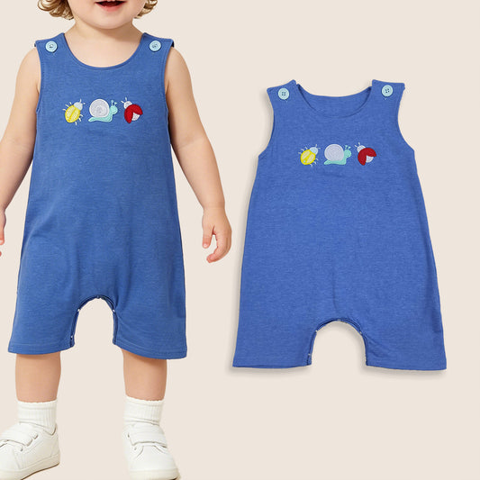 Baby Boys Infant Sleeveless Embroidery Animals Blue Romper