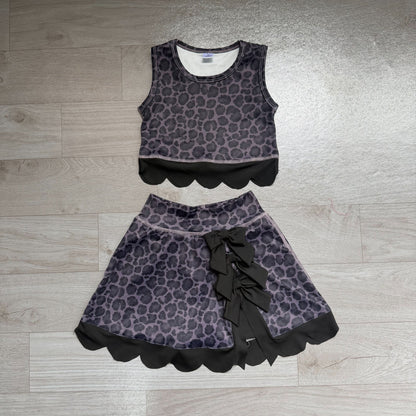 No moq Preorder Baby Girls Kids Black Leopard Vest Bows Scallop Bows Skirt Shorts Yoga Active Set Clothes