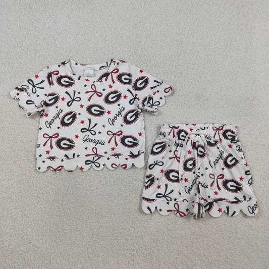 RTS Baby Girls Kids Short Sleeves Red Green Bows Team Shirt Scallop Shorts Summer Set