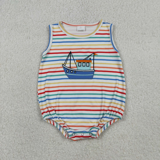RTS Baby Boys Sleeveless Embroidery Boat Colorful Stripes Bubble Romper