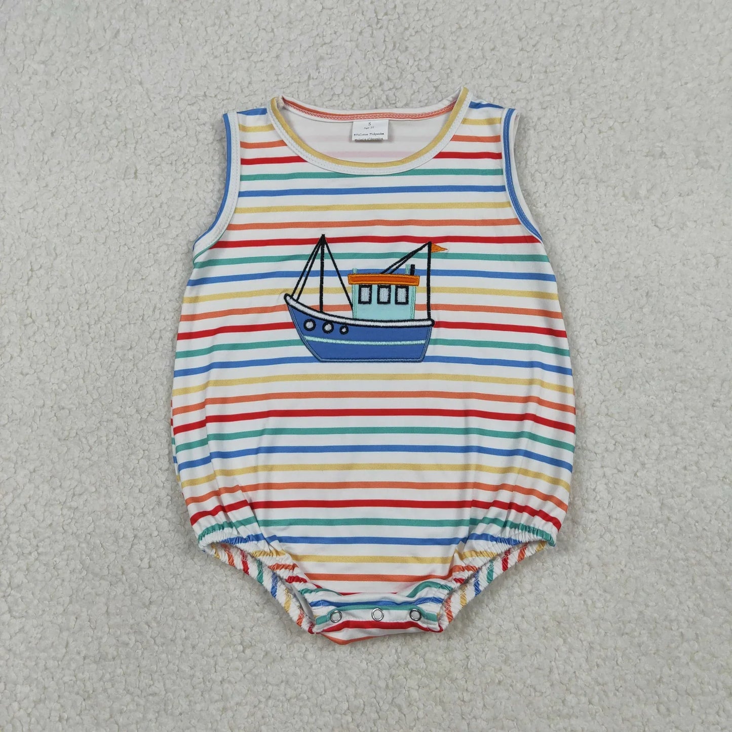 RTS Sibling Baby Boys Kids Embroidery Boats Colorful Stripes Bubble Romper Set