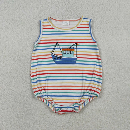 RTS Sibling Baby Boys Kids Embroidery Boats Colorful Stripes Bubble Romper Set