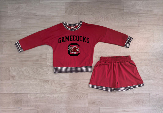 No moq Preorder Baby Girls Kids Long Sleeves Chicken Shirt Shorts Red Cotton Set Team Clothes