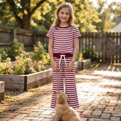 Baby Girls Kids Short Sleeves Dark Red Stripes Shirt Pants Pajamas Set Clothes