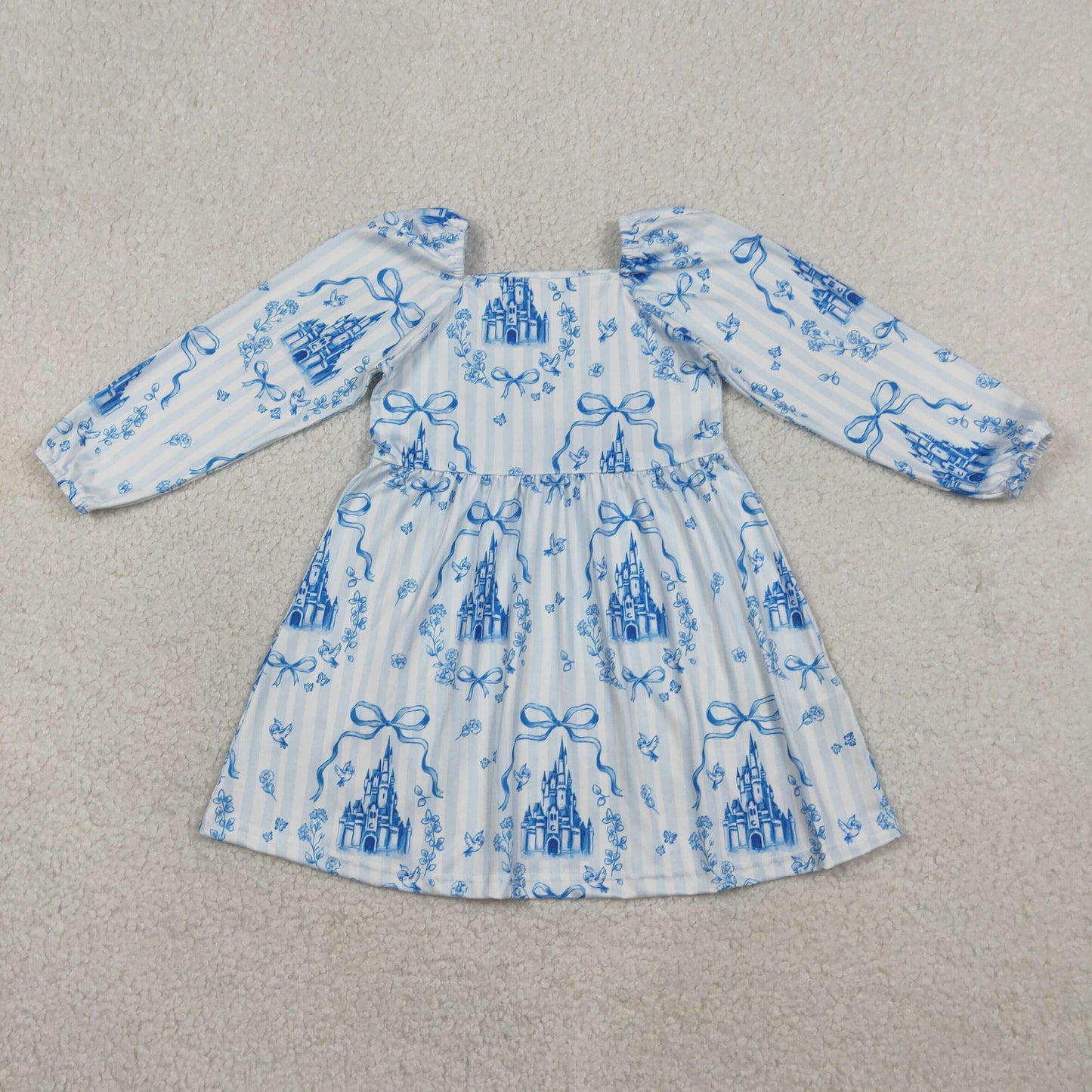RTS Baby Girls Kids Long Sleeves Castles Blue Bows Stripes Knee Length Dress