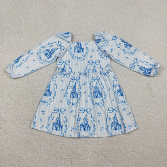 RTS Baby Girls Kids Long Sleeves Castles Blue Bows Stripes Knee Length Dress