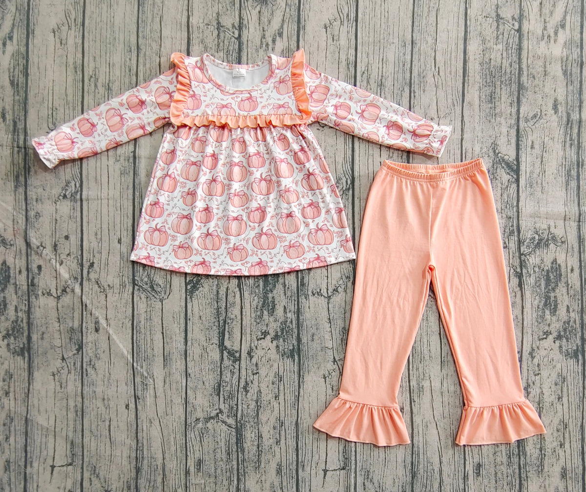 Baby Girl Long Sleeves Bows Pumpkins Tunic Orange Ruffle Pants Fall Set