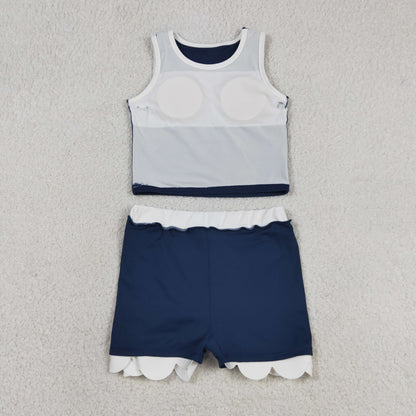 GSD4024 Baby Girls Kids Shirt Scallop Skirt Shorts Yoga Active Navy Set Clothes