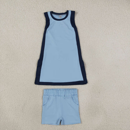 Baby Girls Kids Sleeveless Tops Blue Pockets Shorts Set Yoga Active Clothes