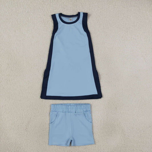 Baby Girls Kids Sleeveless Tops Blue Pockets Shorts Set Yoga Active Clothes