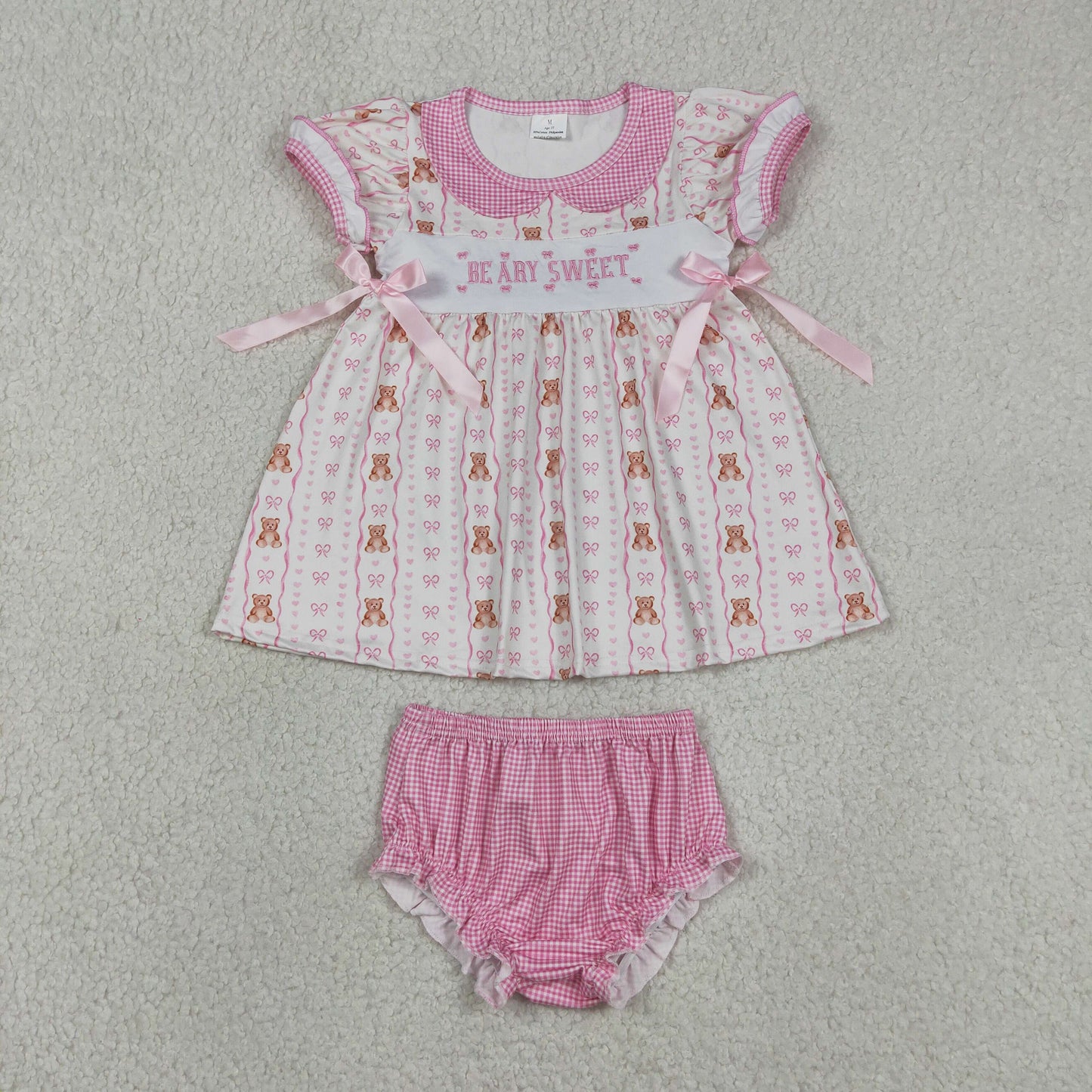 Baby Girls Kids Embroidery Beary Sweet Bows Tops Pink Bummie Set Summer Clothes