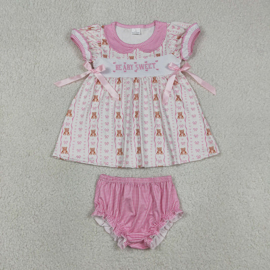 Baby Girls Kids Embroidery Beary Sweet Bows Tops Pink Bummie Set Summer Clothes