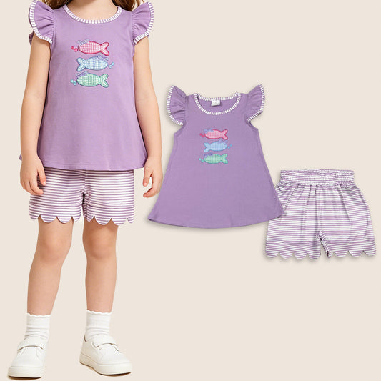 GSSO3242 Baby Girls Kids Short Sleeves Embroidery Fish Purple Tops Scallop Stripes Shorts Summer Set