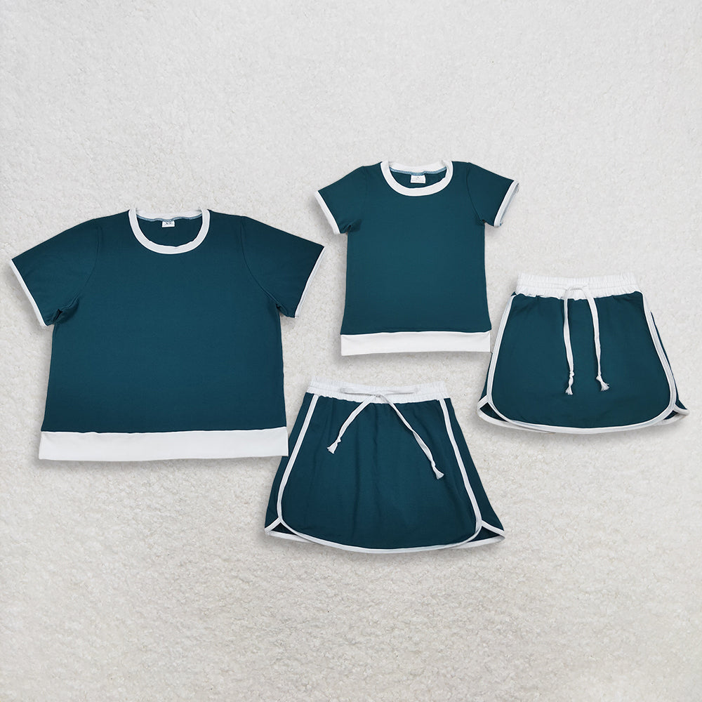 RTS Sibling Baby Girls Adult Women Short Sleeves Green Cotton Shirts Skirts Shorts Sets Summer Clothes
