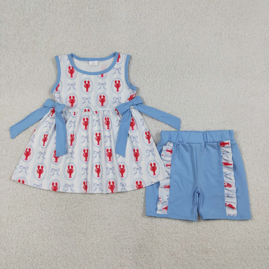 RTS Baby Girls Kids Crayfish Bows Stripes Tunic Ruffle Blue Shorts Clothes Set
