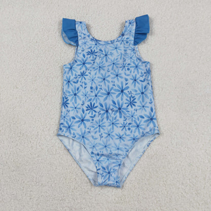 Baby Girl Kids Short Sleeves Blue Flower One Piece Swimsuit