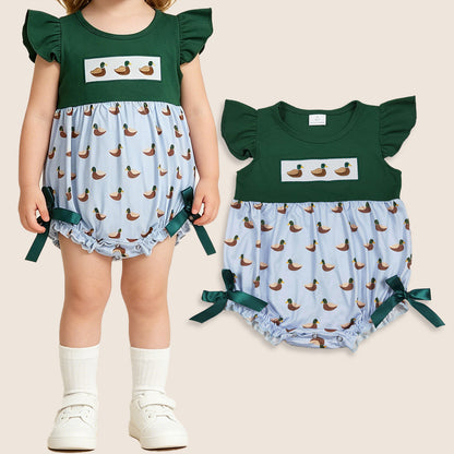 Baby Girls Infant Green Short Sleeves Embroidery Ducks Bows Bubble Romper