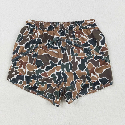 SS0469 Adult Women Brown Green Camo Print Zipper Pockets Shorts Yoga Bottoms Summer  Clothes
