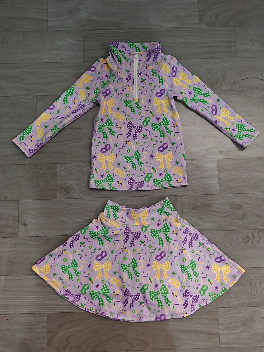No moq Preorder Baby Girls Kids Masks Bows Zip Shirt Skirt Shorts Set Mardi Gras Yoga Clothes