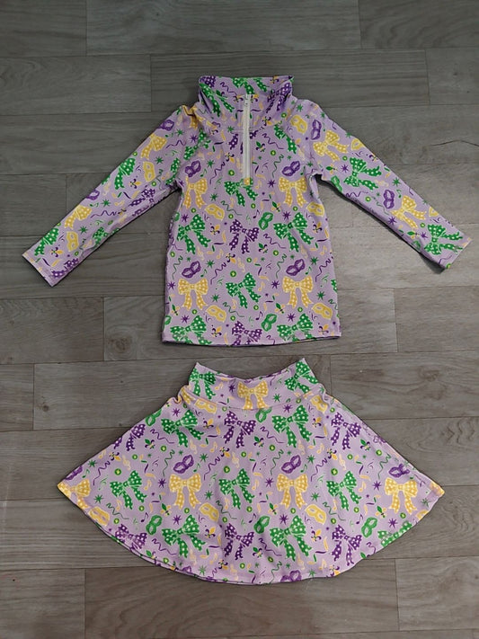 No moq Preorder Baby Girls Kids Masks Bows Zip Shirt Skirt Shorts Set Mardi Gras Yoga Clothes