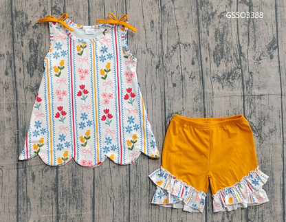 RTS Baby Girls Kids Orange Bows Flower Scallop Tops Ruffle Shorts Summer Set