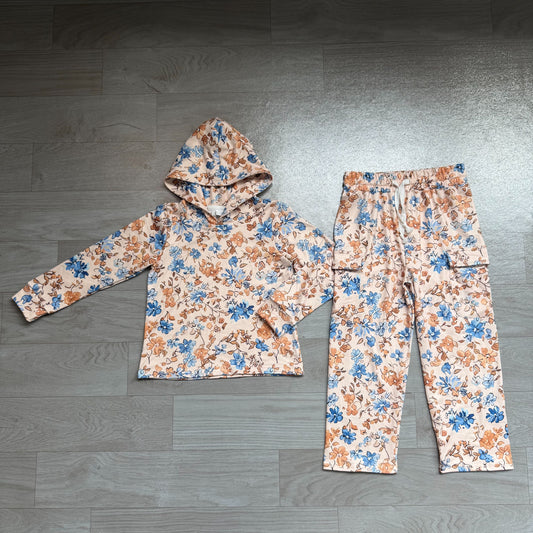 No moq Preorder Baby Girls Kids Long Sleeves Hoodie Flower Pullover Pockets Pants Set Clothes