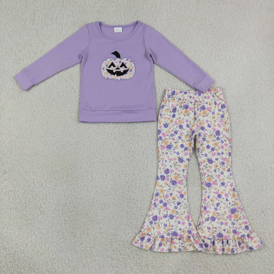 Baby Girls Kids Embroidery Pumpkin Bow Purple Shirt Flower Pants Set Halloween Clothes