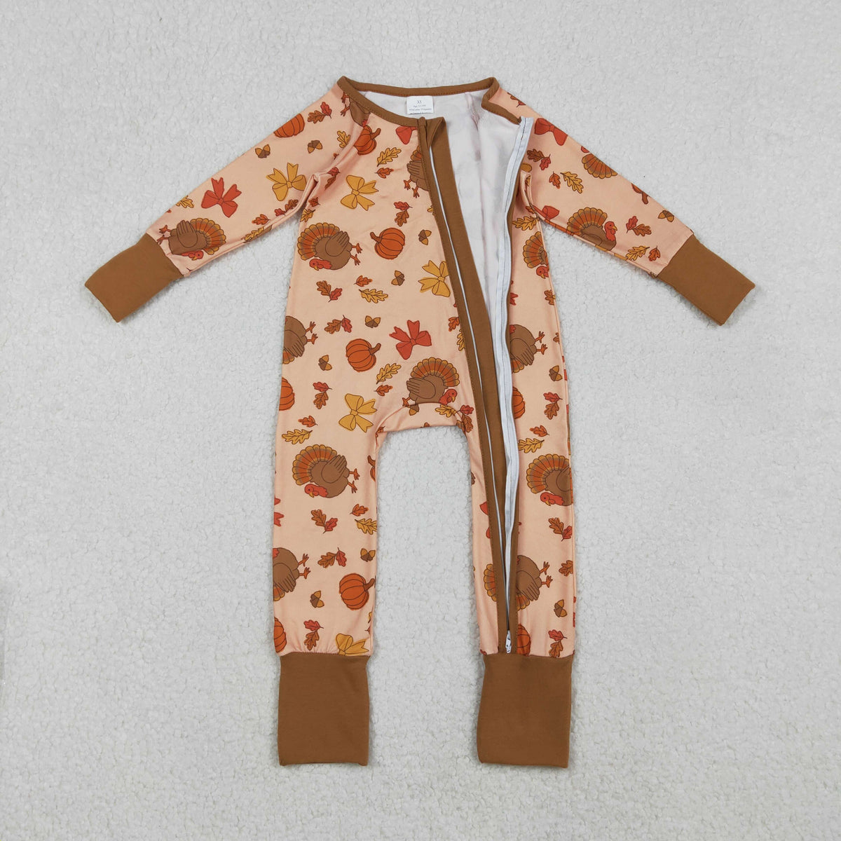 Girls Kids turkey Pumpkin Bows Fall Thanksgiving Zipper Sleeper Romper