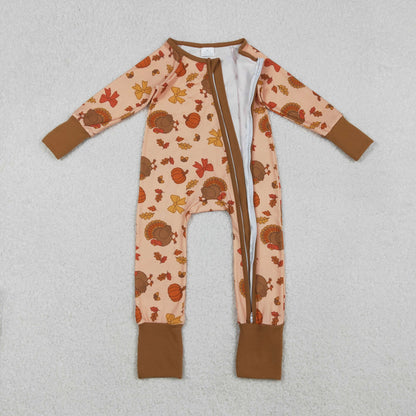 Girls Kids turkey Pumpkin Bows Fall Thanksgiving Zipper Sleeper Romper