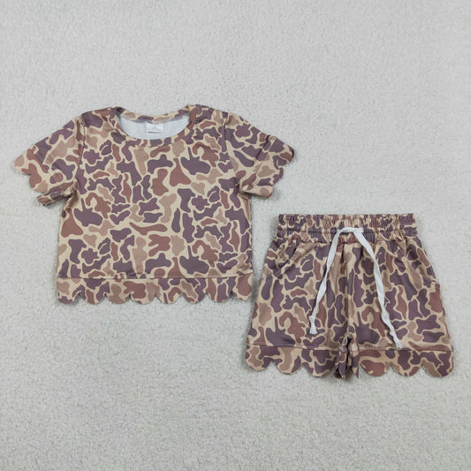 RTS Baby Girls Kids Short Sleeves Khaki Camo Shirt Pockets Scallop Shorts Clothes Set
