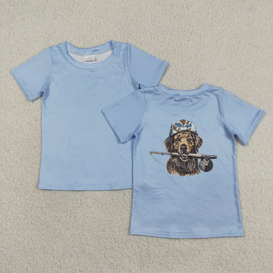 BT1761 Baby Boys Kids Short Sleeves Dog Fishing Blue Shirt Tops