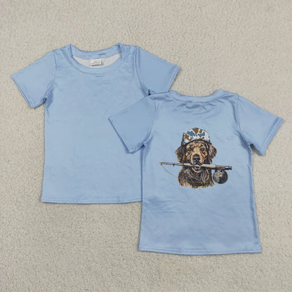 Sibling Baby Boys Kids Short Sleeves Dog Fishing Blue Shirts Tops
